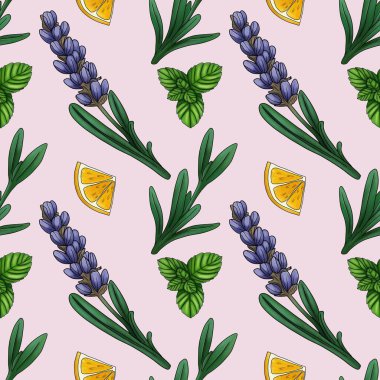 Naneli ve dilimli kusursuz desenli lavanta. Pastel Pembe Arkaplanda Limon Küçük Tasarımı.