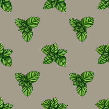 Kusursuz Desen Yaprakları Pastel Gri Arkaplanda Nane Küçük Tasarımı