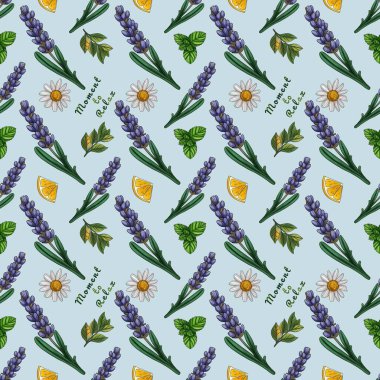 Lavanta ve limon dilimini papatya ve çayla rahatlatmak için kusursuz desen anı Pastel Mavi Arkaplanda Büyük Tasarım Yapıyor