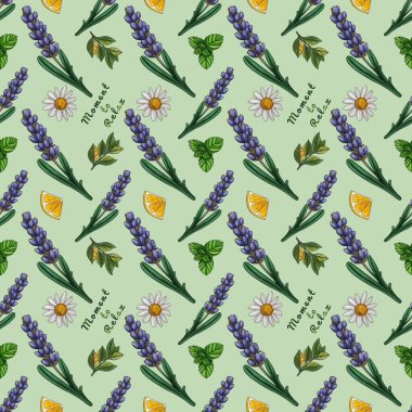Papatya çayı ile lavanta ve limon dilimleme anı Pastel Yeşil Arkaplanda Büyük Tasarım Bırakıyor