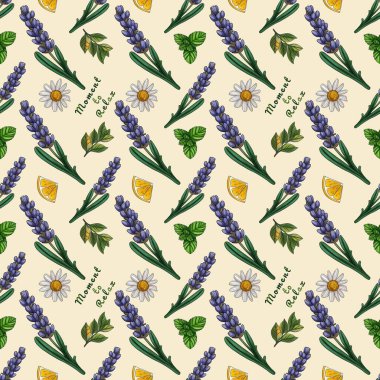 Lavanta ve limon dilimini Papatya ve Çay Yaprakları Pastel Sarı Arkaplanda Büyük Tasarım Yapıyor