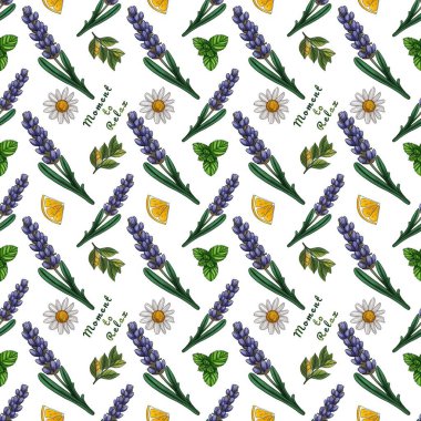 Lavanta ve limonu papatya ve çay ile dilimlemek için kusursuz desenli an Beyaz Arkaplanda Büyük Tasarım Yapıyor