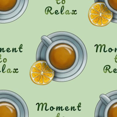 Pastel Yeşil Arkaplanda Limon Büyük Tasarım ile Çayı Rahatlatmak için Kusursuz Desen Anı
