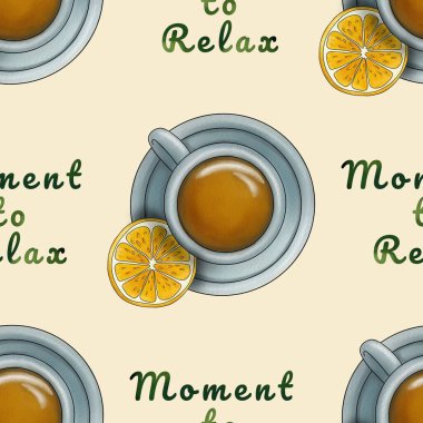 Pastel Sarı Arkaplanda Limon Büyük Tasarım ile Çayı Rahatlatmak için Kusursuz Desen Anı