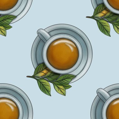 Kusursuz Desenli Çay Pastel Mavi Arkaplanda Büyük Tasarım