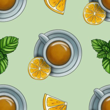 Limonlu ve dilimlenmiş limonlu kusursuz desenli çay ve pastel yeşil arka planda naneli büyük tasarım.