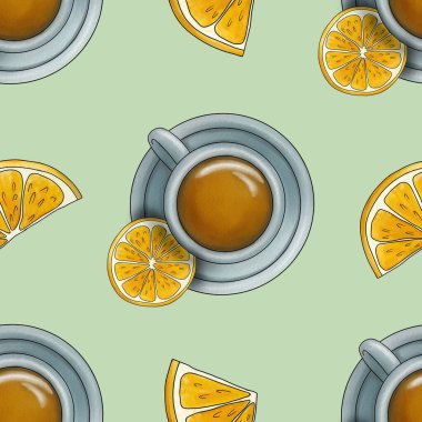 Limonlu ve dilimlenmiş limonlu kusursuz Desenli Pastel Yeşil Arkaplan Çayı