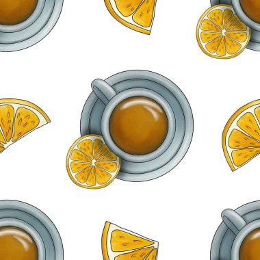 Limonlu ve dilimlenmiş limonlu kusursuz desenli çay Beyaz Arkaplanda Büyük Tasarım