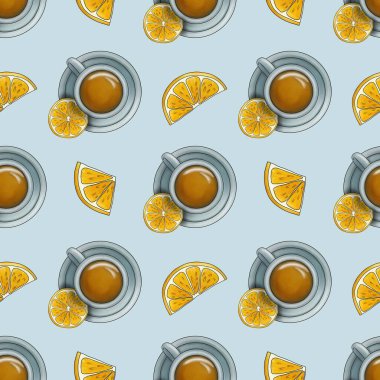 Limonlu ve dilimlenmiş limonlu kusursuz Desenli Pastel Mavi Arkaplan Çayı