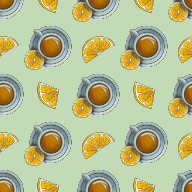 Limonlu ve dilimlenmiş limonlu kusursuz Desenli Pastel Yeşil Arkaplan Çayı