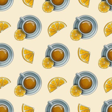 Limonlu ve dilimlenmiş limonlu kusursuz Desenli Pastel Sarı Arkaplan Çayı