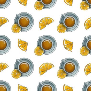 Limonlu ve dilimlenmiş limonlu kusursuz desenli çay. Beyaz arka planda küçük tasarım.