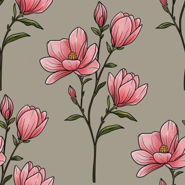 Kusursuz Şablon Botanik Manolya Şubesi Pastel Gri Arkaplan Büyük Tasarımı