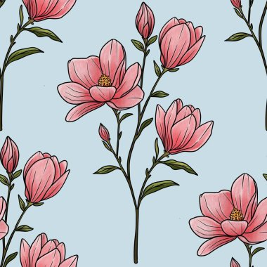 Kusursuz Şablon Botanik Manolya Şubesi Pastel Mavi Arkaplan Büyük Tasarım