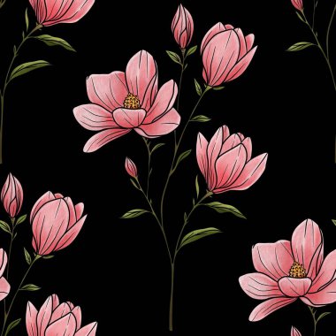 Kusursuz Şablon Botanik Manolya Şubesi Kara Arkaplan Büyük Tasarım