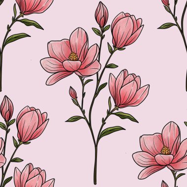 Kusursuz Şablon Botanik Manolya Şubesi Pastel Pembe Arkaplanda Büyük Tasarım