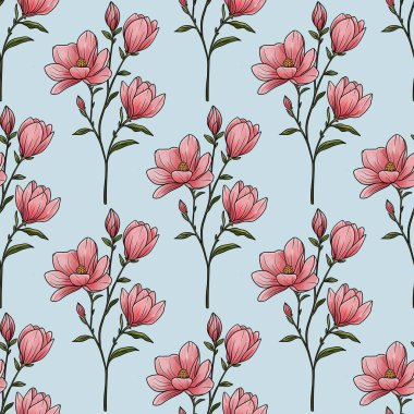 Kusursuz Şablon Botanik Manolya Şubesi Pastel Mavi Arkaplan Üzerine Küçük Tasarım