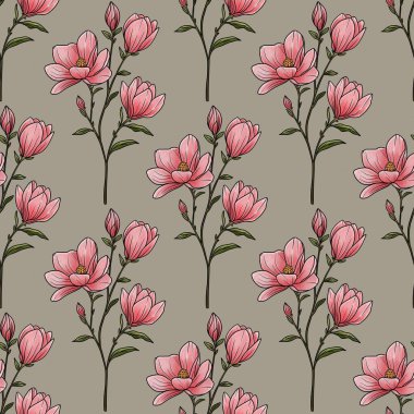 Kusursuz Şablon Botanik Manolya Şubesi Pastel Gri Arkaplan Üzerine Küçük Tasarım