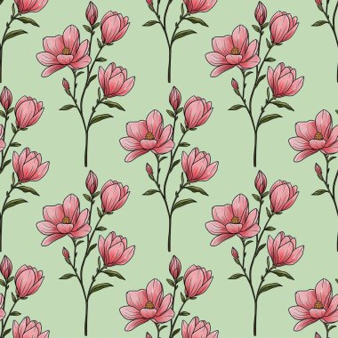 Kusursuz Şablon Botanik Manolya Şubesi Pastel Yeşil Arkaplan Üzerine Küçük Tasarım