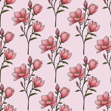 Kusursuz Şablon Botanik Manolya Şubesi Pastel Pembe Arkaplan Üzerine Küçük Tasarım