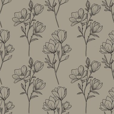Kusursuz Şablon Botanik Manolya Ana Hattı Pastel Gri Arkaplan Üzerine Küçük Tasarım