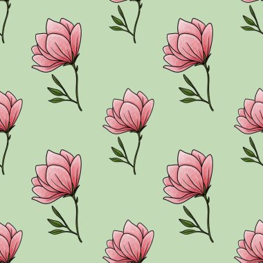 Kusursuz Şablon Botanik Manolya Pastel Yeşil Arkaplanda Küçük Tasarım