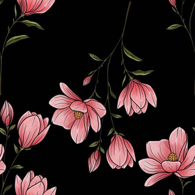 Kusursuz Desenli Manolya Dalı Kara Arkaplan Büyük Tasarım