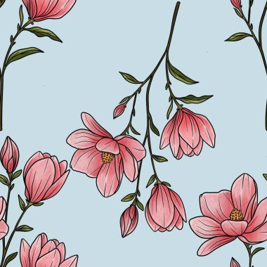 Kusursuz Desenli Manolya Dalları Pastel Mavi Arkaplan Büyük Tasarım