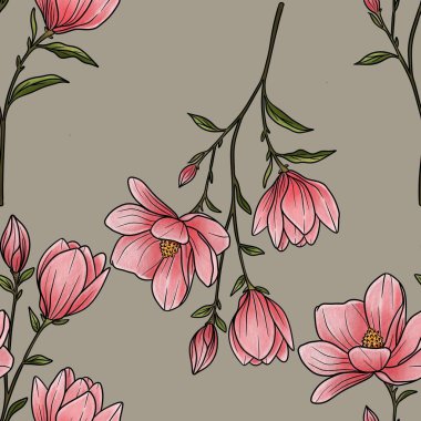 Kusursuz Desenli Manolya Dalları Pastel Gri Arkaplanda Büyük Tasarım