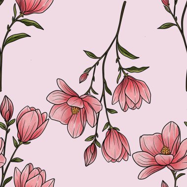 Kusursuz Desenli Manolya Dalı Pastel Pembe Arkaplanda Büyük Tasarım