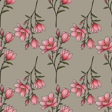 Kusursuz Desenli Manolya Dalları Pastel Gri Arkaplan Üzerine Küçük Tasarım