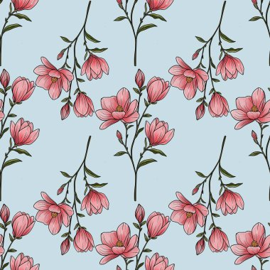 Kusursuz Desenli Manolya Dalları Pastel Mavi Arkaplan Üzerine Küçük Tasarım