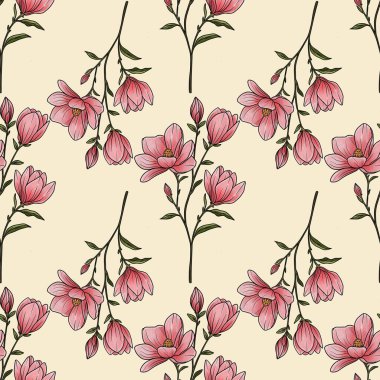 Kusursuz Desenli Manolya Dalları Pastel Sarı Arkaplan Üzerine Küçük Tasarım