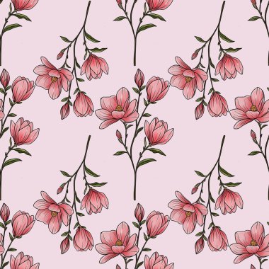 Kusursuz Desenli Manolya Dalları Pastel Pembe Arkaplanda Küçük Tasarım