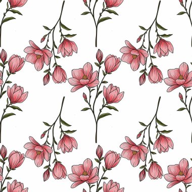 Kusursuz Desenli Manolya Dalları Beyaz Arkaplanda Küçük Tasarım