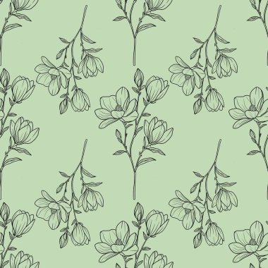 Kusursuz Desen Hassas Manolya Çizgisi Pastel Yeşil Arkaplanda Küçük Tasarım