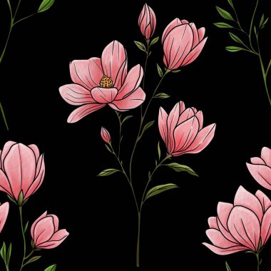 Kusursuz Desenli Manolya Dalı Kara Arkaplan Büyük Tasarım