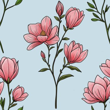 Kusursuz Desenli Manolya Dalı Pastel Mavi Arkaplan Büyük Tasarım