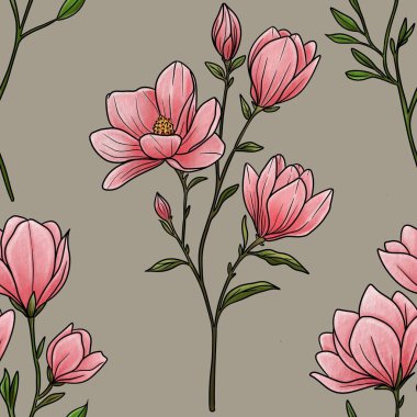 Kusursuz Desenli Manolya Dalı Pastel Gri Arkaplan Büyük Tasarım