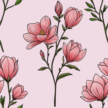 Kusursuz Desenli Manolya Dalı Pastel Pembe Arkaplanda Büyük Tasarım