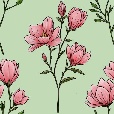 Kusursuz Desenli Manolya Dalı Pastel Yeşil Arkaplan Büyük Tasarım