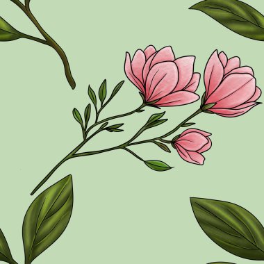 Kusursuz Desenli Yeşil Manolya Manolya Yaprakları Pastel Yeşil Arkaplanda Büyük Tasarım