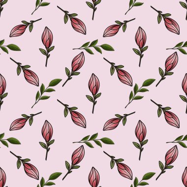 Kusursuz Desensiz Yeşil Manolya Manolya Yaprakları Pastel Pembe Arkaplanda Bud Küçük Tasarım