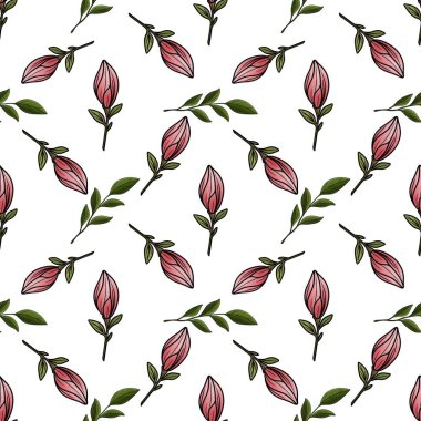 Kusursuz Desensiz Yeşil Manolya Yaprakları Manolya ile Beyaz Arkaplanda Bud Küçük Tasarım