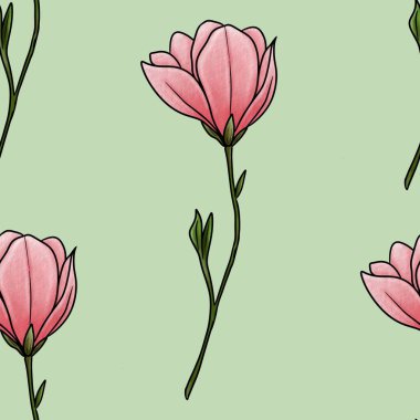 Kusursuz Desenli Manolya Pastel Yeşil Arkaplanda Büyük Tasarım