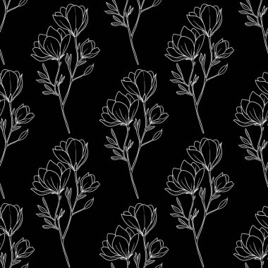 Kusursuz Desensiz Manolya Çiçeği Ana Hattı Kara Arkaplan Üzerine Küçük Tasarım