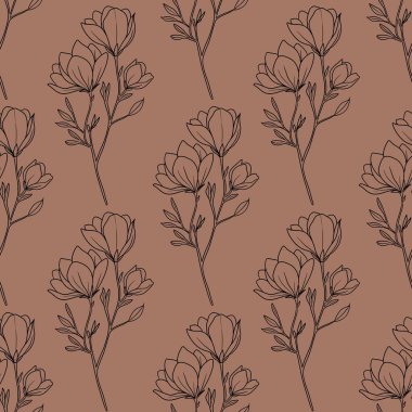 Seamless Pattern Magnolia Blossom Outline Branch Small Design on Mocha Mousse Background clipart