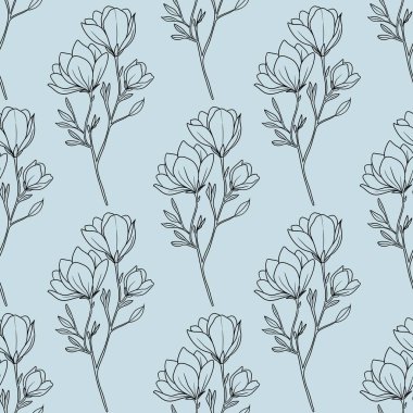 Seamless Pattern Magnolia Blossom Outline Branch Small Design on Pastel Blue Background clipart