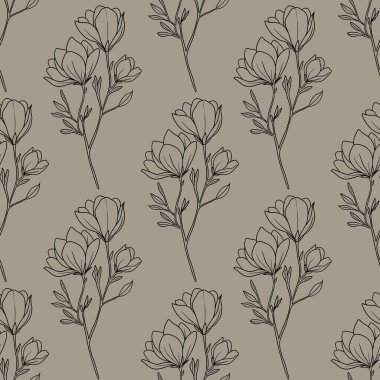 Kusursuz Desensiz Manolya Çiçeği Özeti Pastel Gri Arkaplan Üzerine Küçük Tasarım