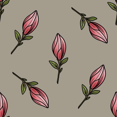 Kusursuz Desenli Manolya Bud Pastel Gri Arkaplanda Büyük Tasarım